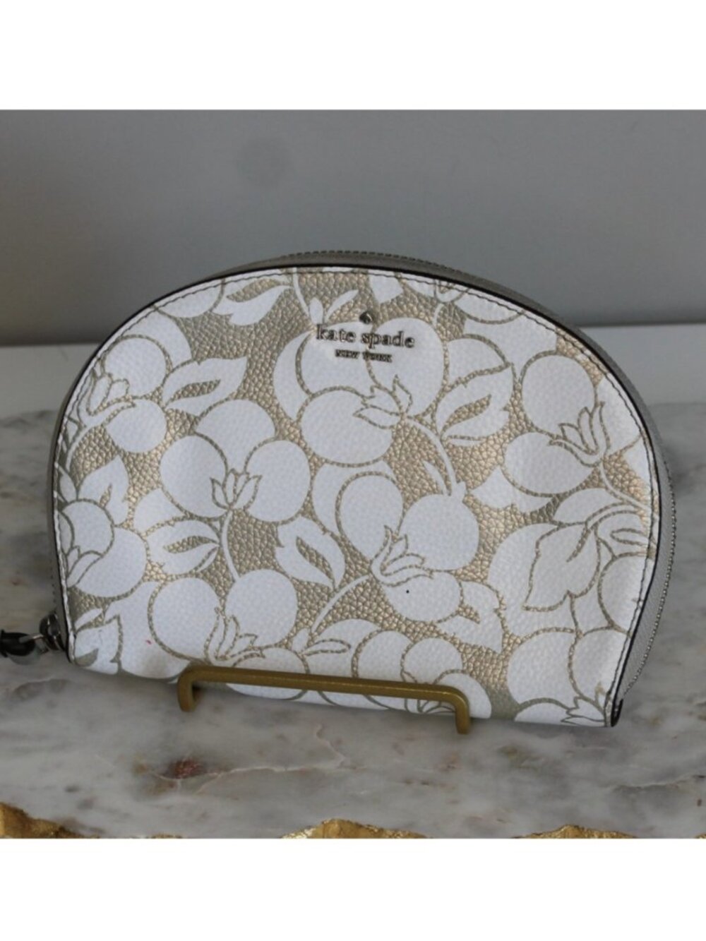 Kate Spade Larchmont Ave Breezy Floral Half Moon Wristlet Silver Leather Clutch